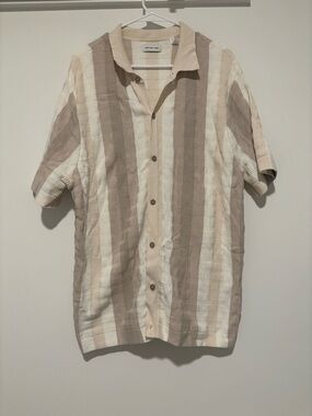 Relaxed Fit Beige & Cream Stripe Casual Button-Down Shirt